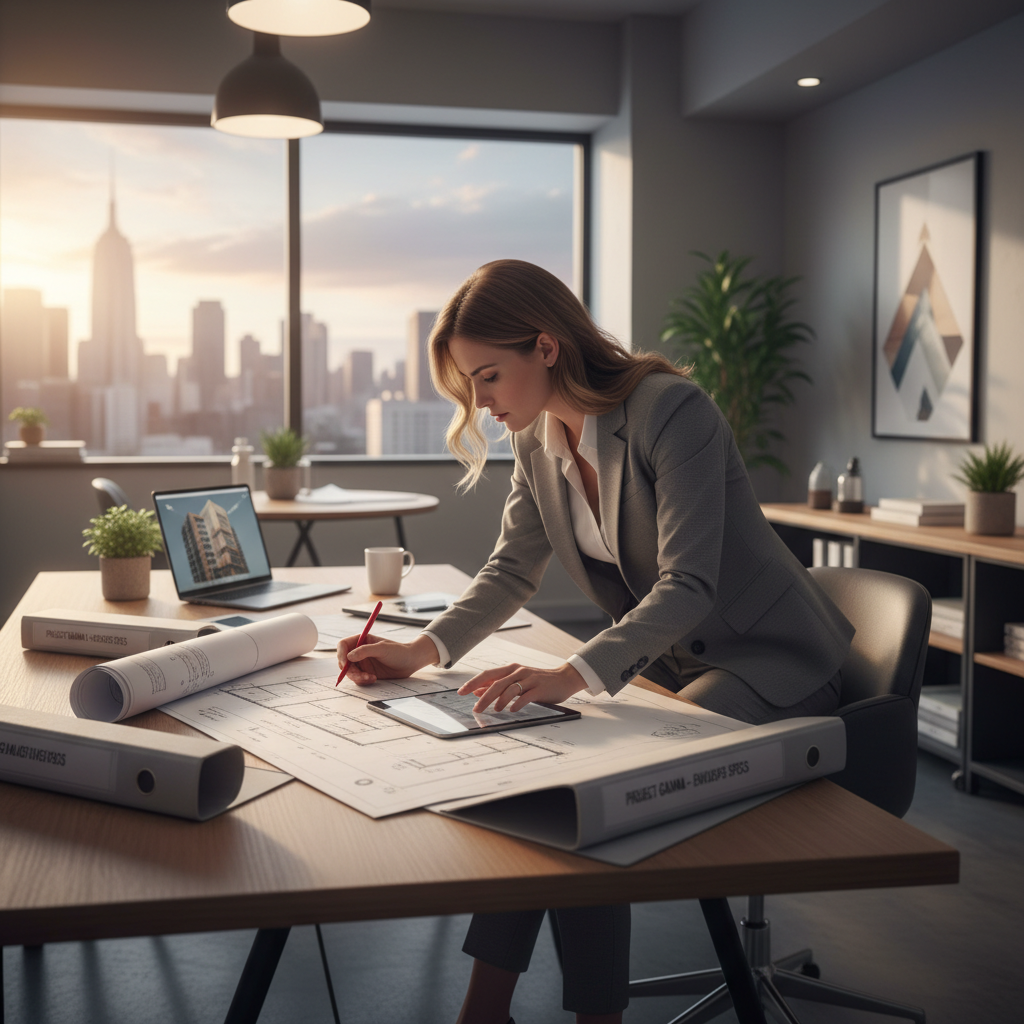 Building envelope consultant reviewing architectural drawings