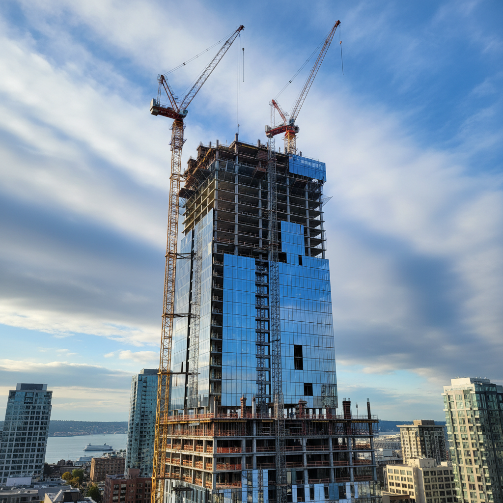 High-rise building under construction with building envelope work in progress